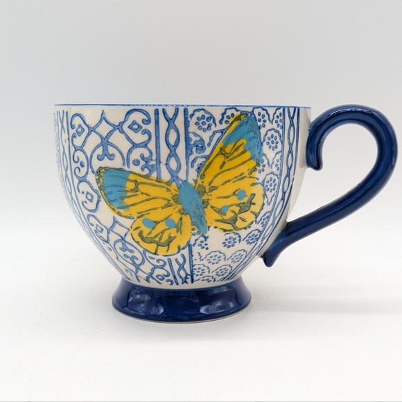 Tabletops Gallery Sheridan Blue Yellow White Ceramic Butterfly Coffee Mug - Picture 1 of 8